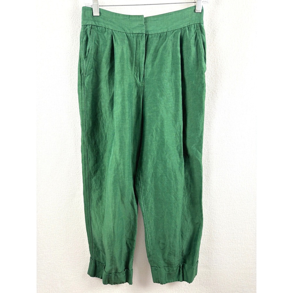 Massimo Dutti Green Linen Blend Pleated Tapered Cuffed Trousers Pants Size 4